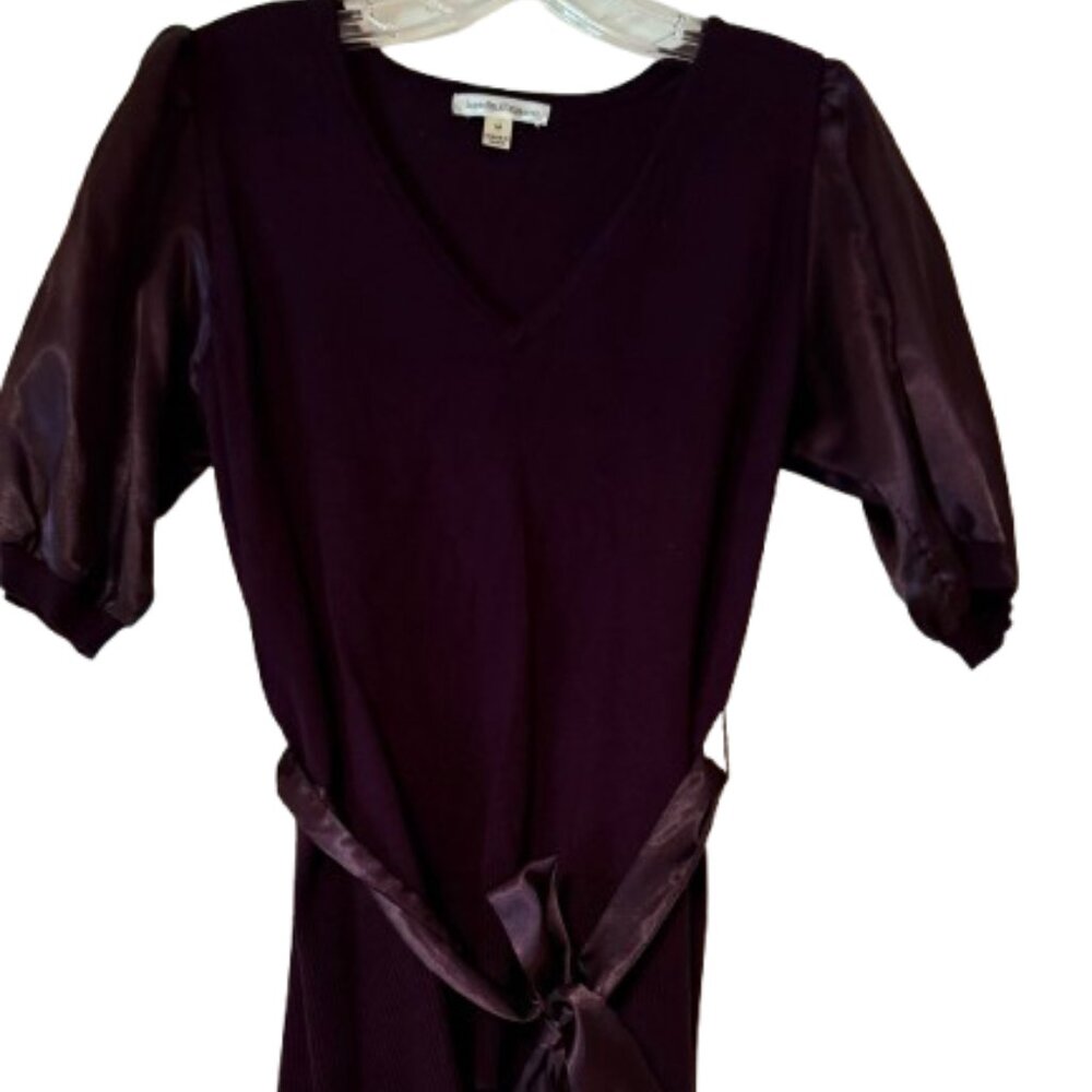 John Paul Richard Dark Purple Blouse -Satin Puff Sleeves & Sash- V Neck - Med